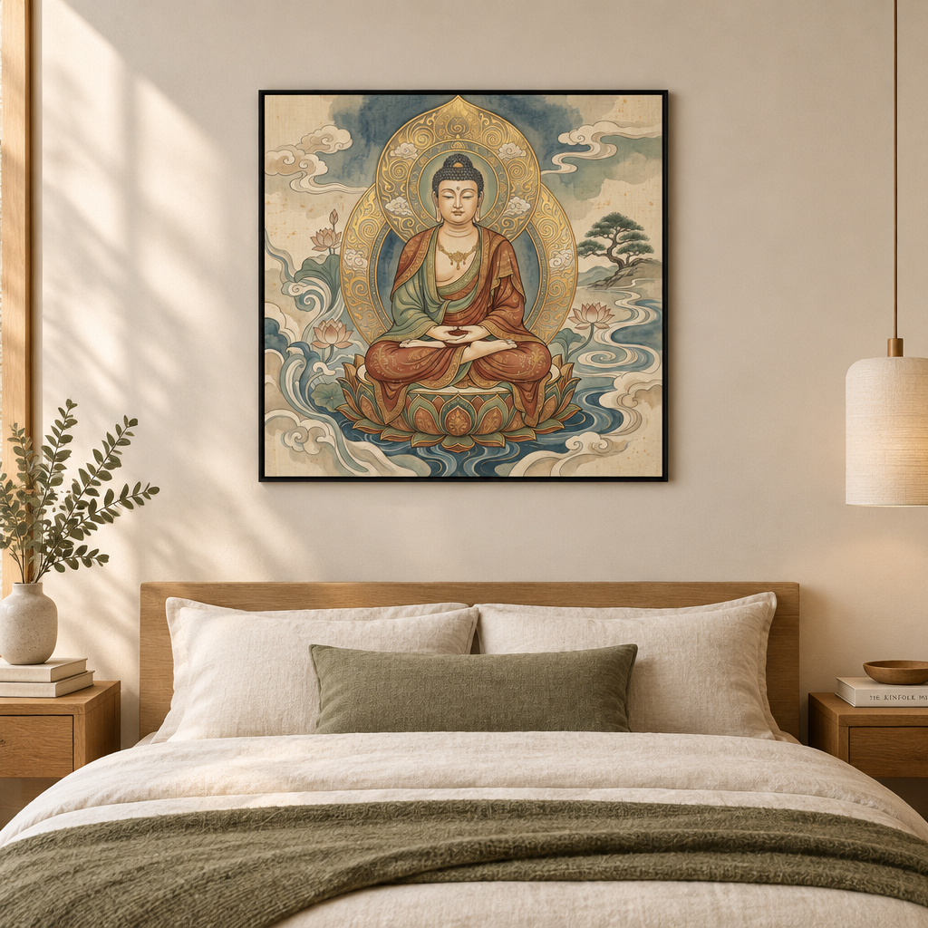 Quadro Buda Thangka Clássico com moldura flutuante preta em quarto minimalista – Santieri Bloom