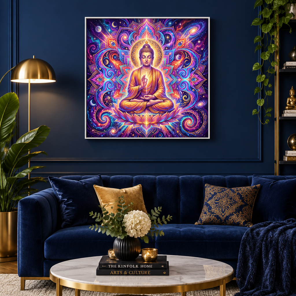 Quadro Buda Galáxico com moldura branca em sala azul marinho elegante com sofá velvet e luminária dourada – Santieri Bloom