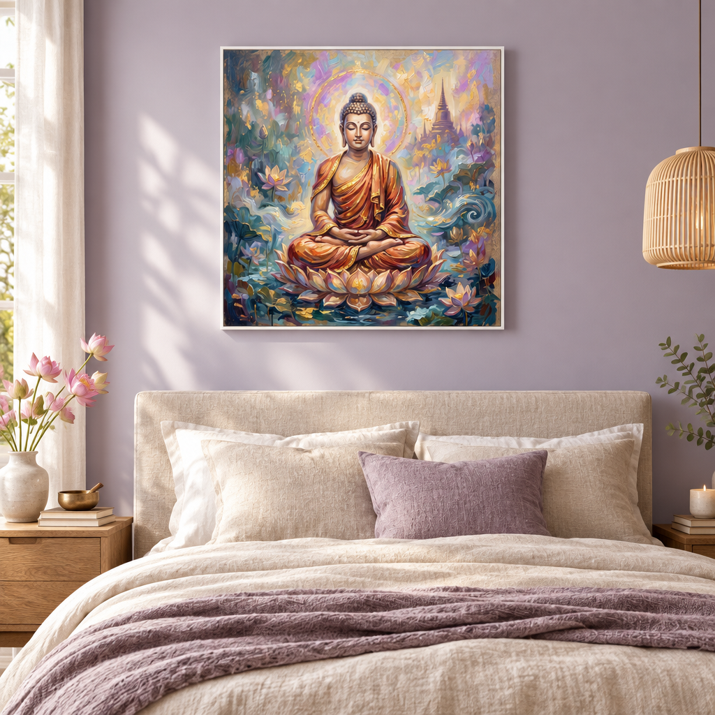 Quadro Buda Lótus Dourado com moldura branca em quarto lavanda – quadro decorativo espiritual para quarto e meditação – Santieri Bloom