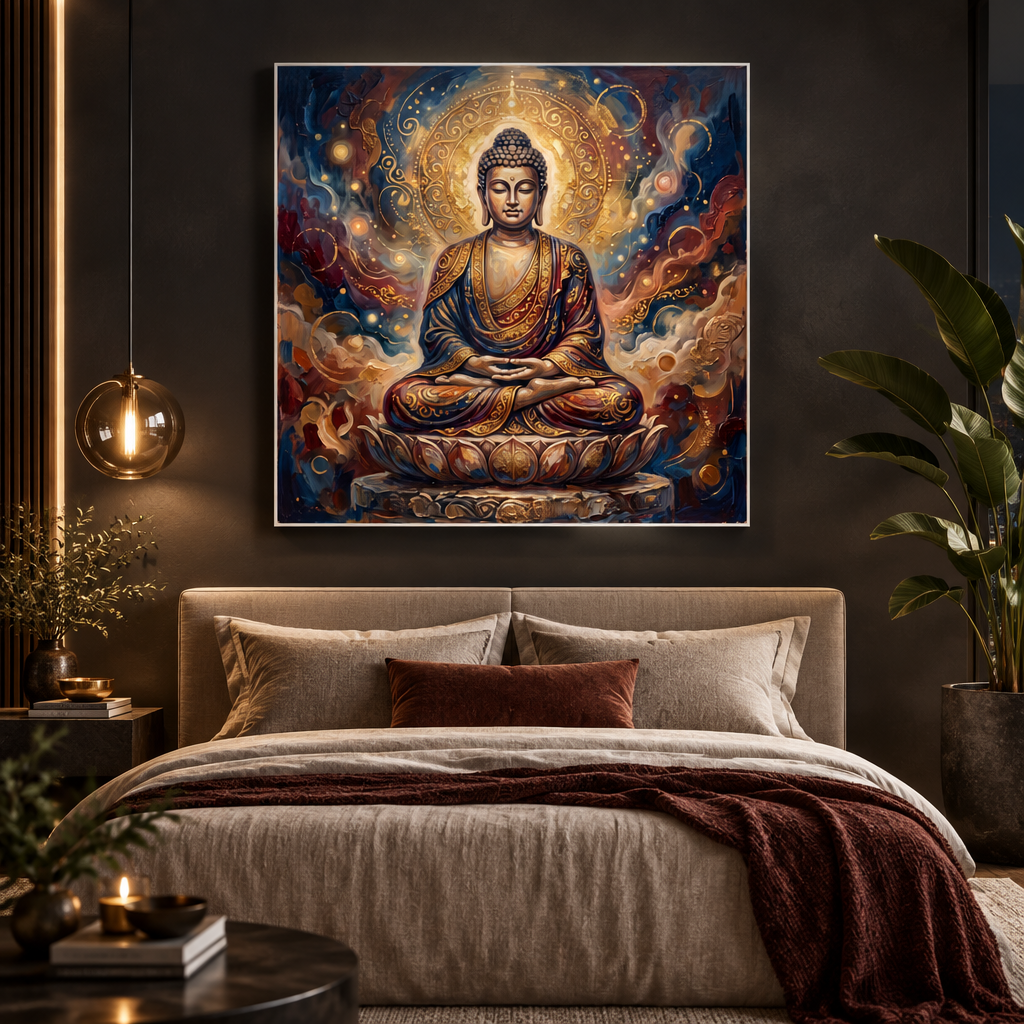 Quadro Buda Místico acima de cama em quarto sofisticado com tons terrosos e vela – impressão espiritual de Buda para quarto – Santieri Bloom