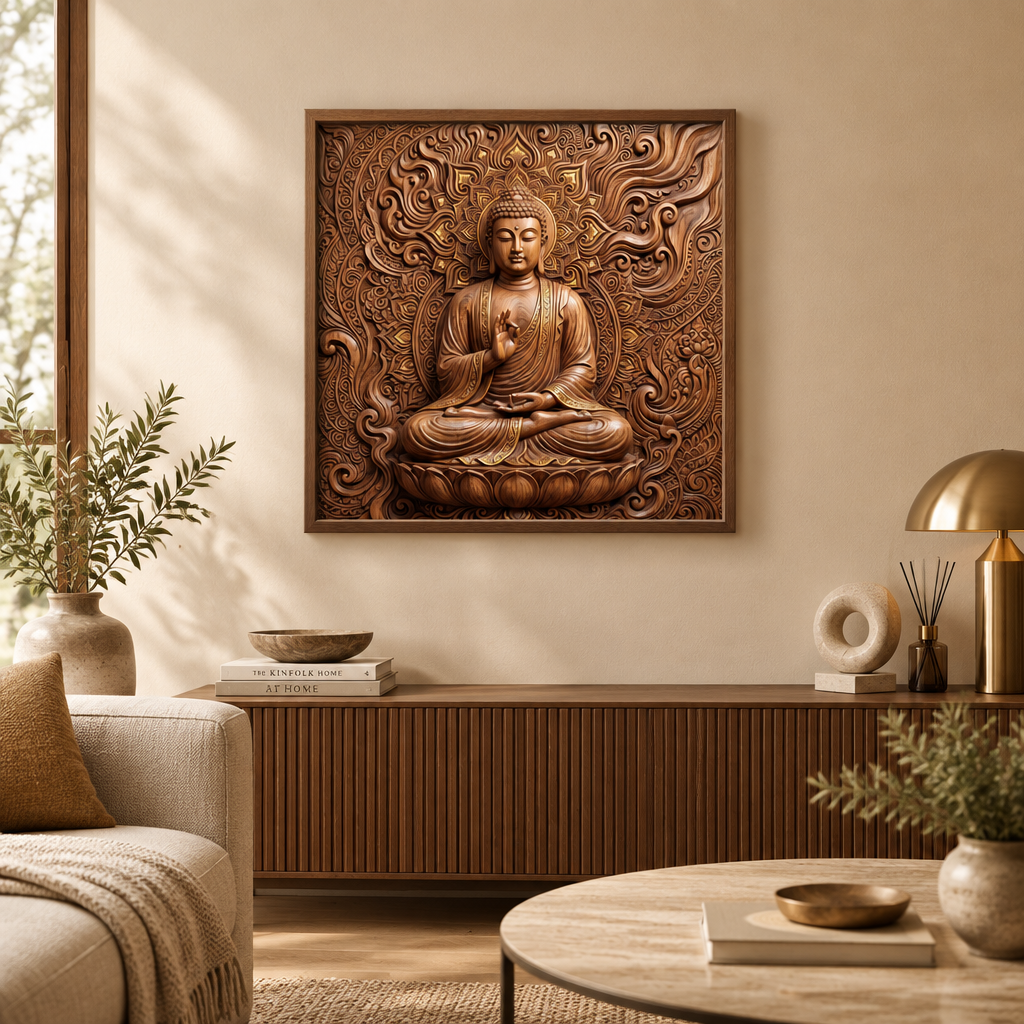"Quadro decorativo Buda Madeira Sagrada com detalhes dourados e mandala esculpida - Santieri Bloom