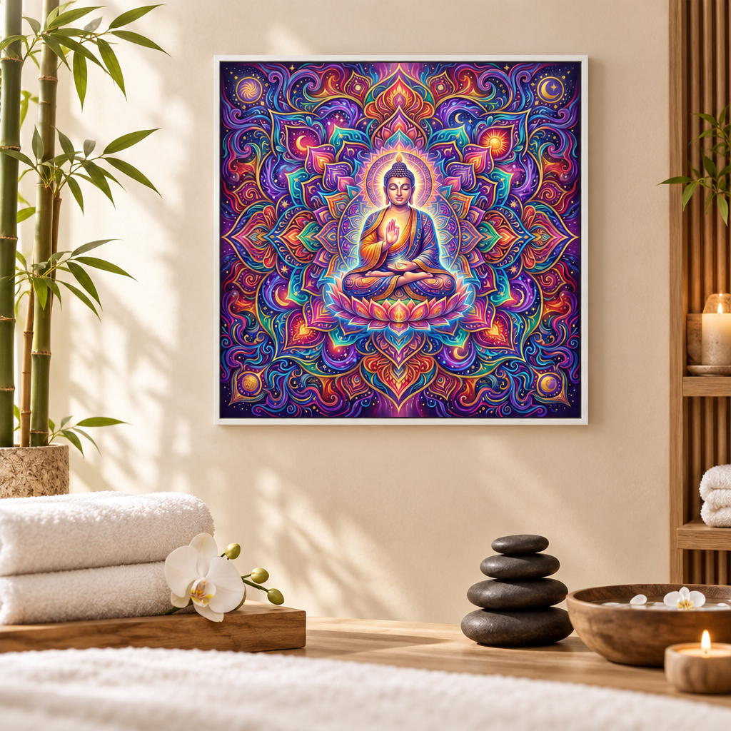 Quadro Buda Mandala Cósmico com moldura branca em ambiente spa sereno com bambu e pedras zen – Santieri Bloom