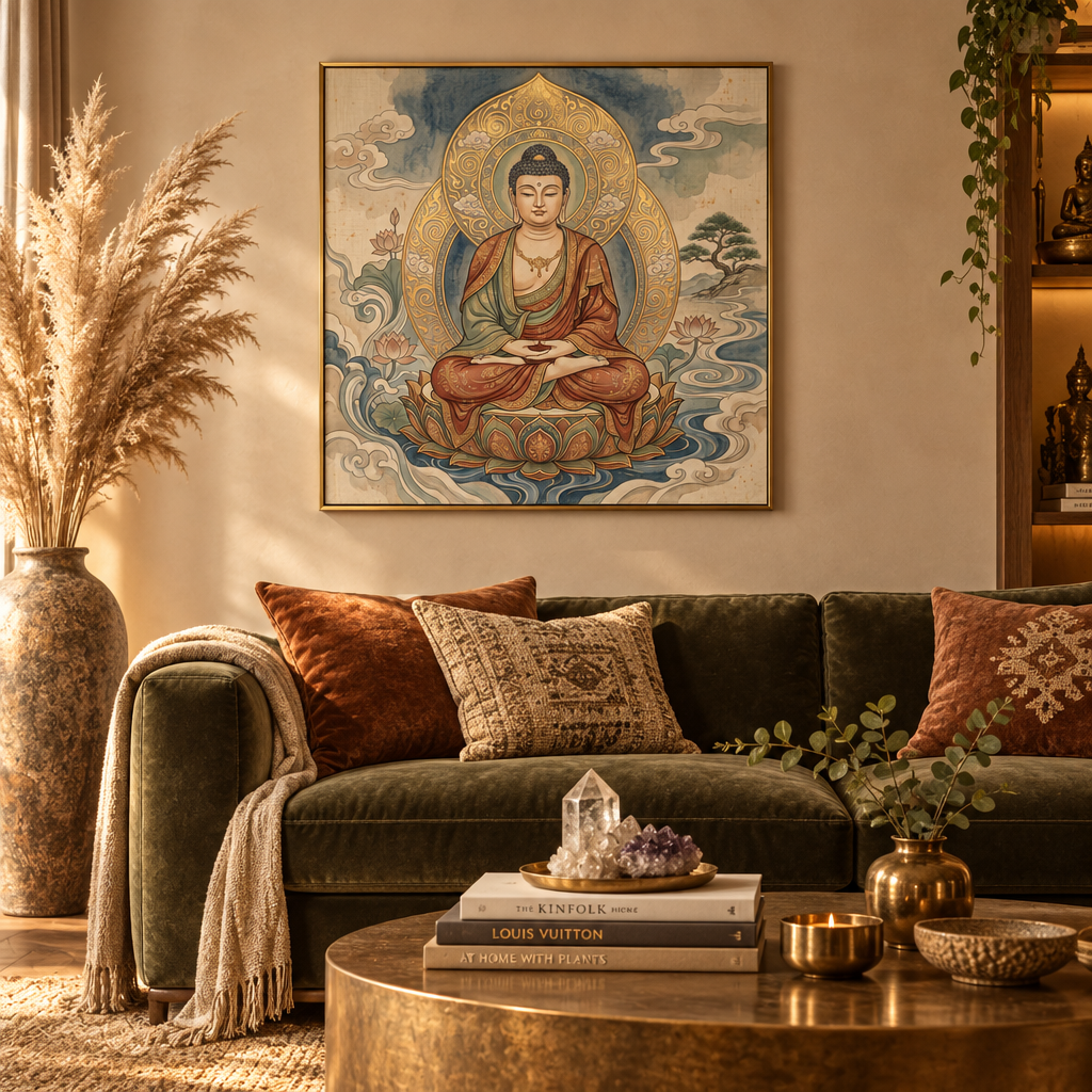 Quadro decorativo Buda Thangka em meditação com moldura dourada em sala de estar – Santieri Bloom