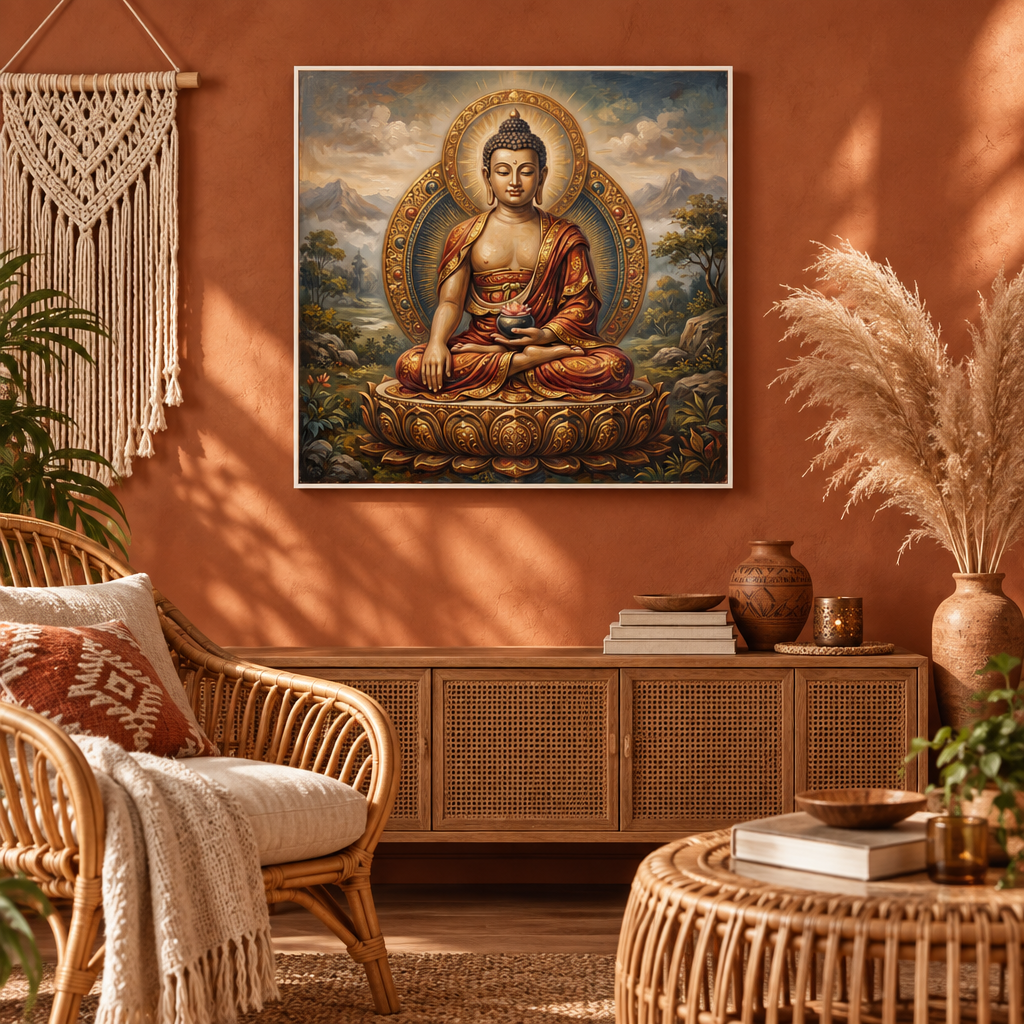 Quadro Buda da Abundância com moldura branca em sala boho terracota – quadro decorativo espiritual de Buda para sala de estar – Santieri Bloom