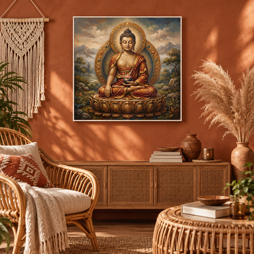 Quadro Buda da Abundância com moldura branca em sala boho terracota – quadro decorativo espiritual de Buda para sala de estar – Santieri Bloom