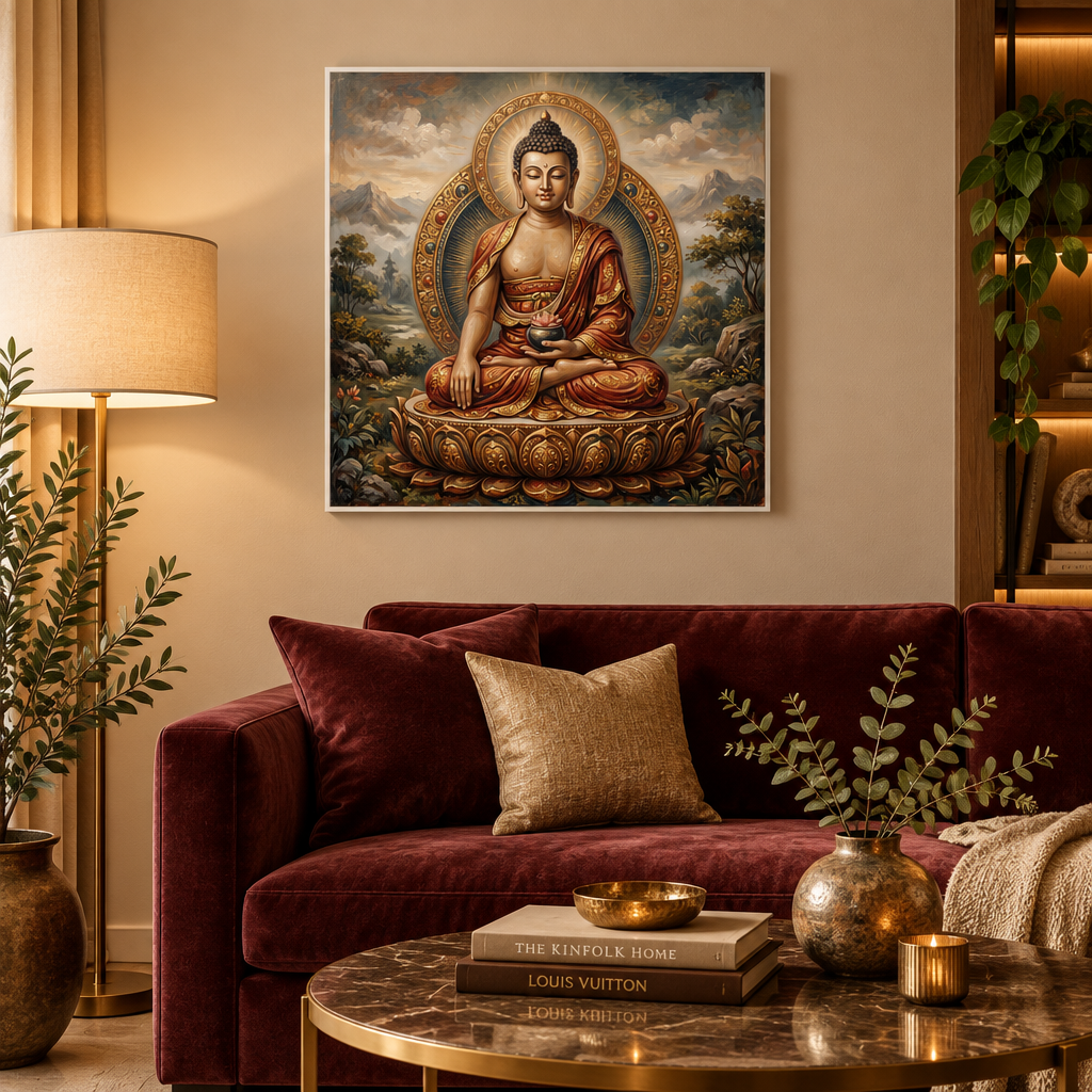 Quadro Buda da Abundância com moldura branca em sala elegante com sofá velvet – decoração espiritual premium para sala – Santieri Bloom