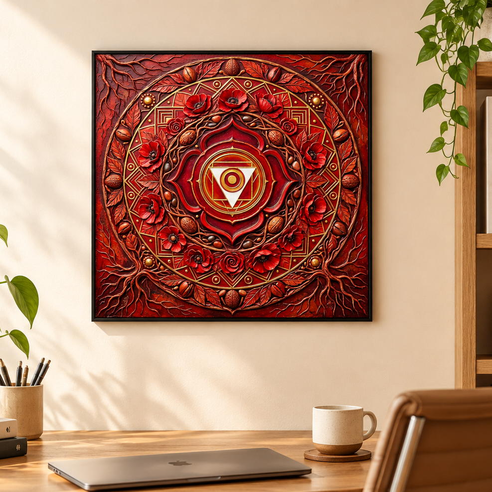 Quadro Chakra Muladhara 3D — mandala vermelha com flores e raízes em home office com escrivaninha de madeira, laptop e estante — arte espiritual para escritório — Santieri Bloom