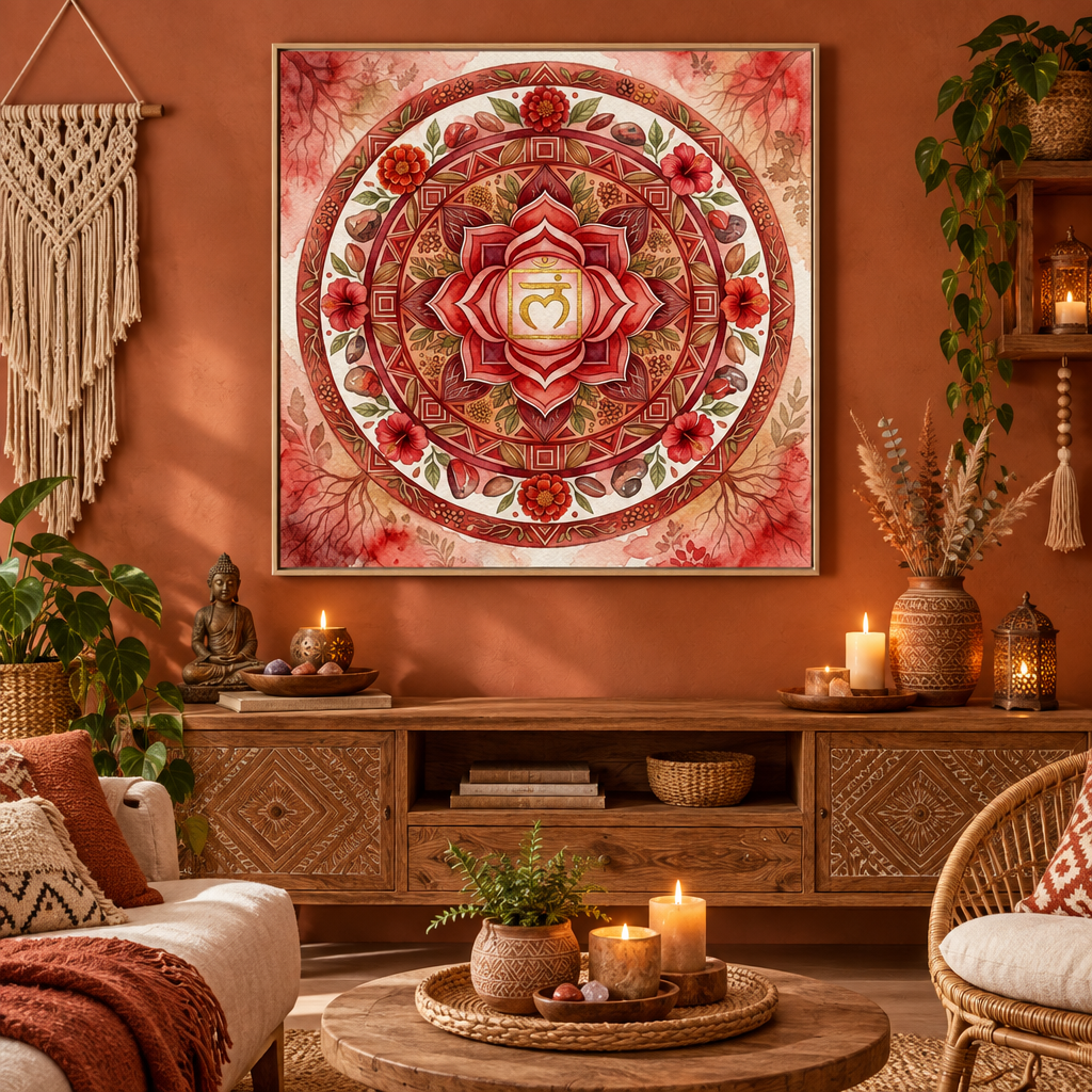 Quadro decorativo Chakra Muladhara aquarela vermelha — mandala chakra raiz em sala boho terracota com moldura flutuante — Santieri Bloom