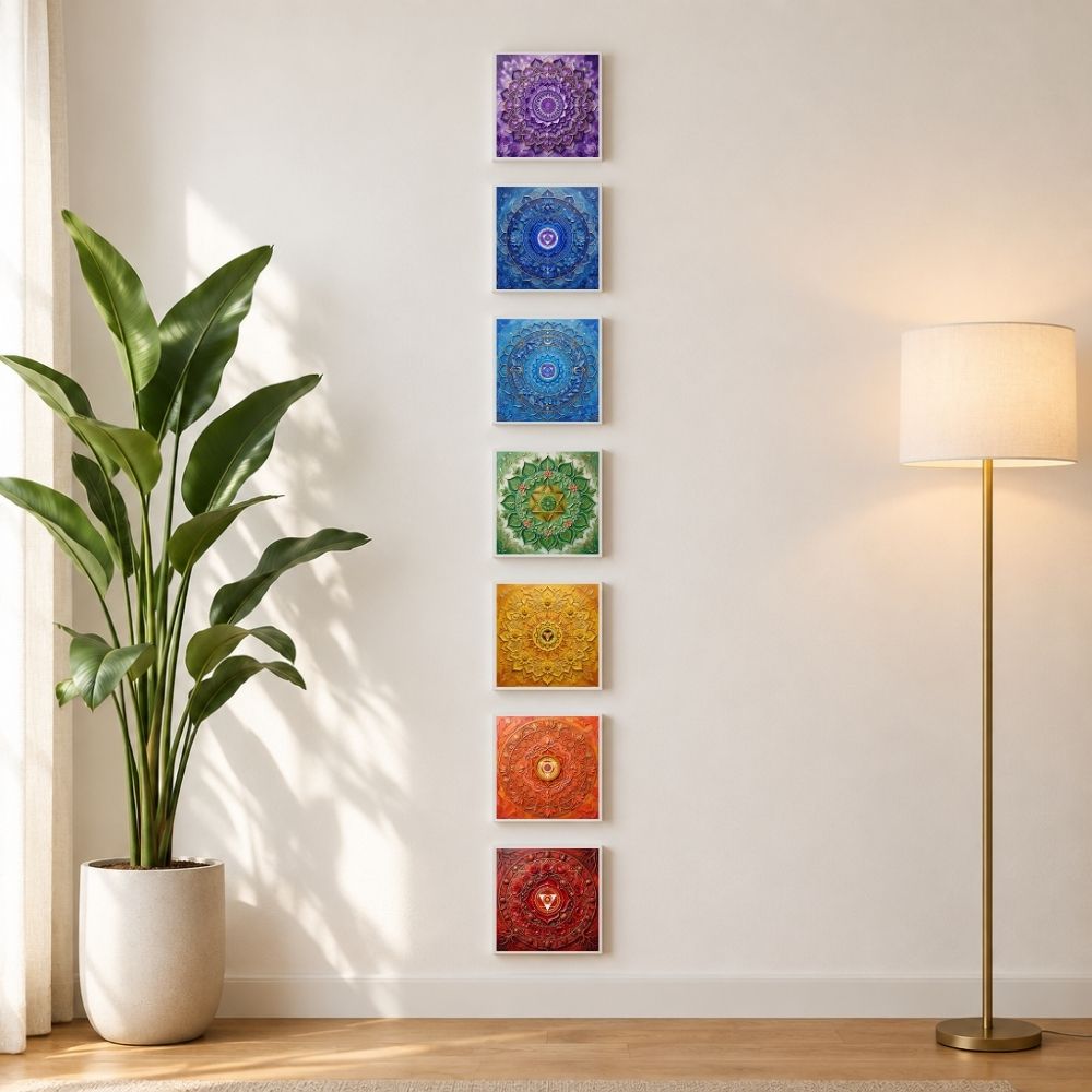 Kit 7 Chakras 3D — 7 quadros impressos com arte de estética tridimensional em fileira vertical em sala clara com planta tropical e abajur — Santieri Bloom