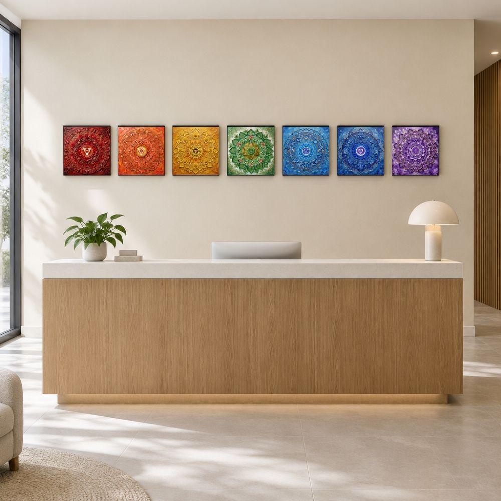 Kit 7 Chakras 3D — 7 quadros impressos com arte tridimensional dos chakras em fileira horizontal em recepção contemporânea com balcão de madeira — Santieri Bloom
