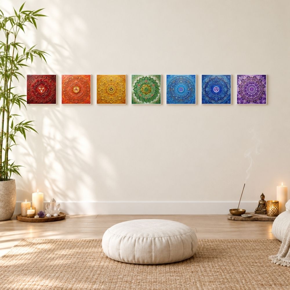 Kit 7 Chakras 3D — 7 quadros impressos com arte tridimensional dos chakras em sala de meditação zen com bambu, velas, cristais e estátua de Buda — Santieri Bloom