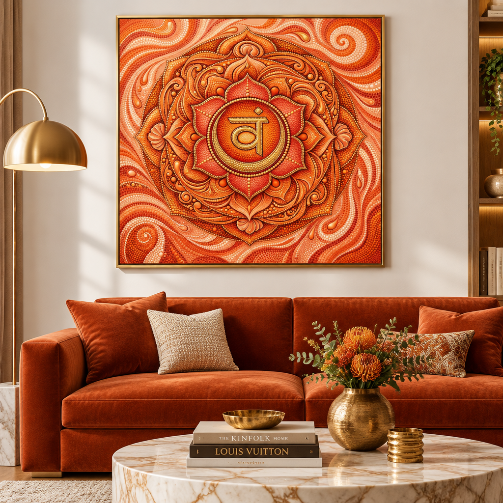Quadro impresso Mandala Chakra Sacral Pontilhismo com moldura dourada em sala sofisticada com sofá velvet terracota e mesa de mármore – decoração espiritual Svadhisthana – Santieri Bloom
