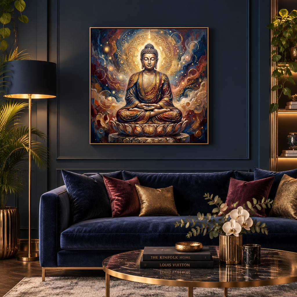 Quadro Buda Místico em sala azul marinho com sofá velvet e mesa de mármore – quadro decorativo espiritual premium para sala – Santieri Bloom