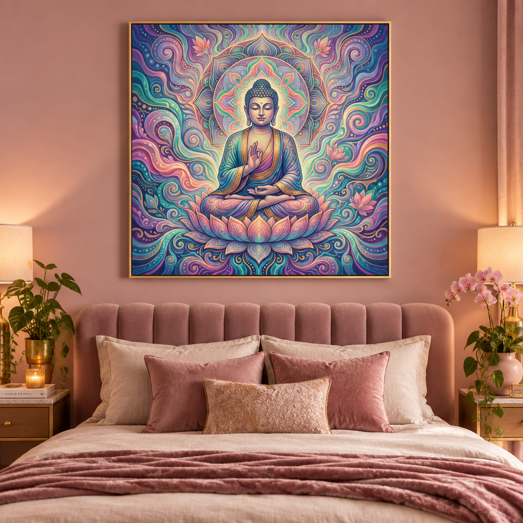 Quadro Buda Lótus Celeste com moldura dourada em quarto feminino sofisticado em tons rosados – Santieri Bloom