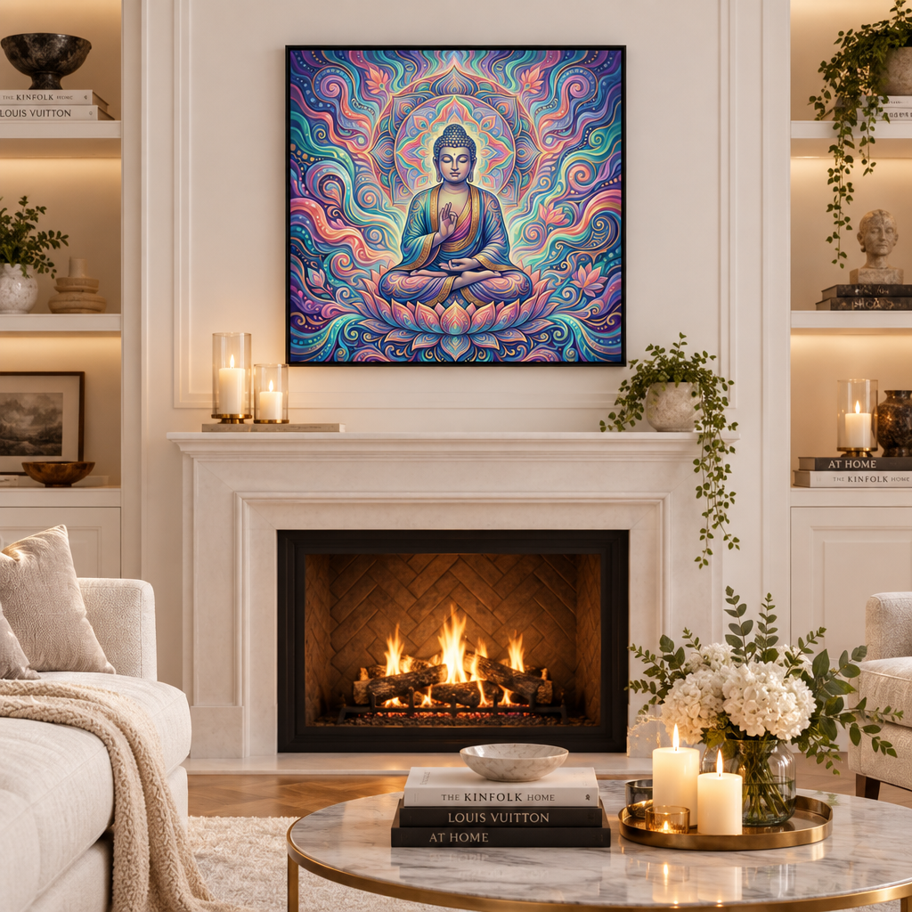 Quadro Buda Lótus Celeste com moldura preta acima de lareira em sala de estar aconchegante – Santieri Bloom