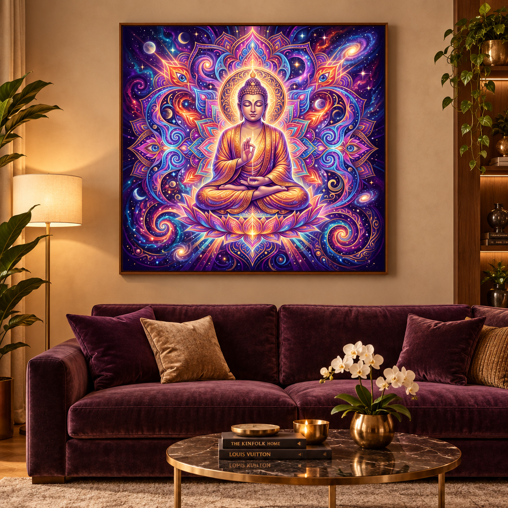 Quadro Buda Galáxico com moldura cerejeira em sala de estar sofisticada com sofá vinho e luz quente – Santieri Bloom