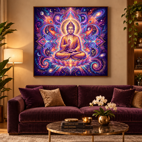 Quadro Buda Galáxico com moldura cerejeira em sala de estar sofisticada com sofá vinho e luz quente – Santieri Bloom
