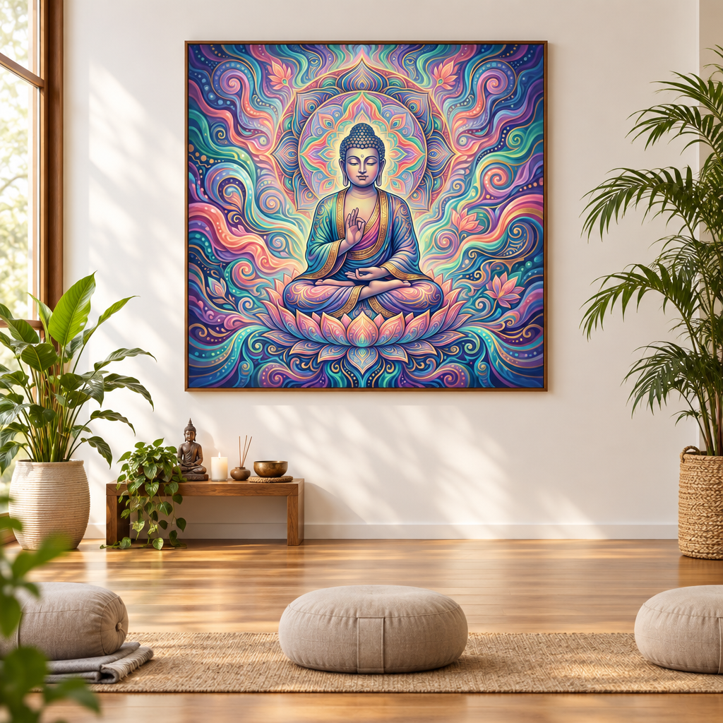 Quadro Buda Lótus Celeste com moldura cerejeira em sala de meditação com plantas e almofadas zen – Santieri Bloom