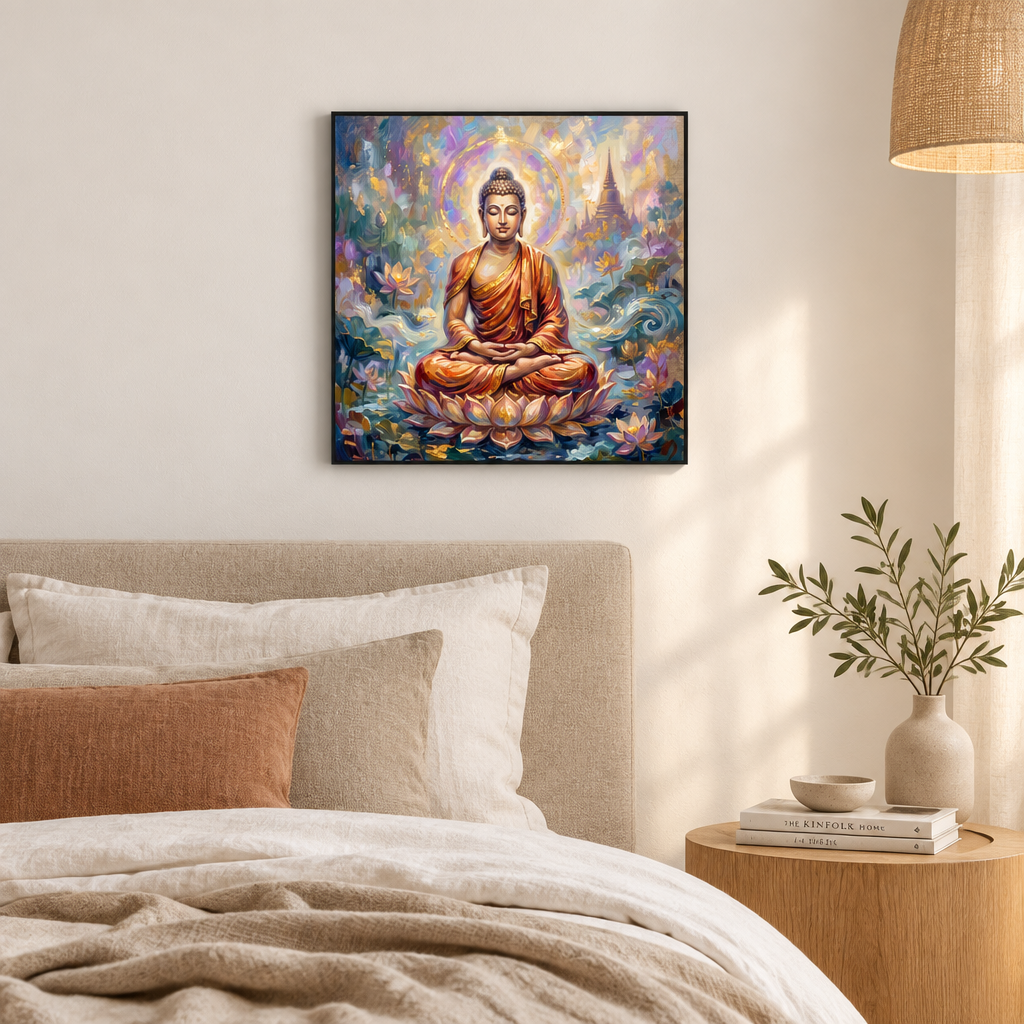 Quadro Buda Lótus Dourado com moldura preta em quarto minimalista bege – quadro decorativo espiritual de Buda para quarto – Santieri Bloom