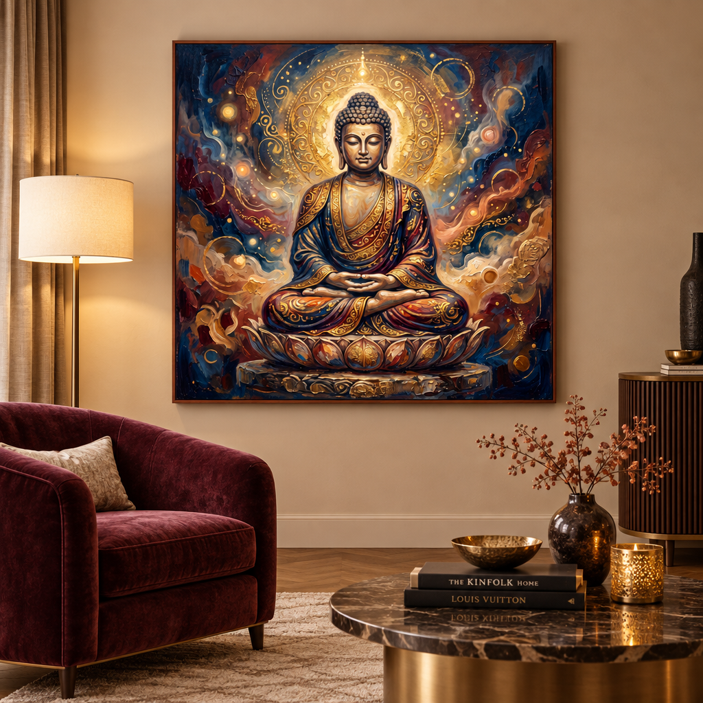 Quadro Buda Místico em sala elegante com sofá velvet bordô e luminária dourada – impressão decorativa espiritual para sala de estar – Santieri Bloom