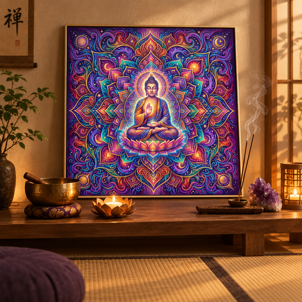 Quadro Buda Mandala Cósmico com moldura dourada em ambiente de meditação zen com incenso e cristais – Santieri Bloom