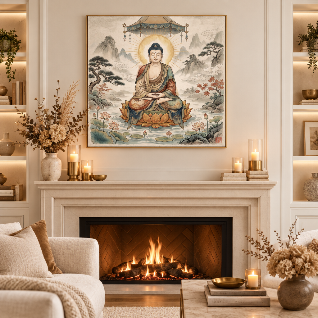 Quadro Buda Sumi-ê com moldura dourada acima de lareira em sala de estar elegante – Santieri Bloom