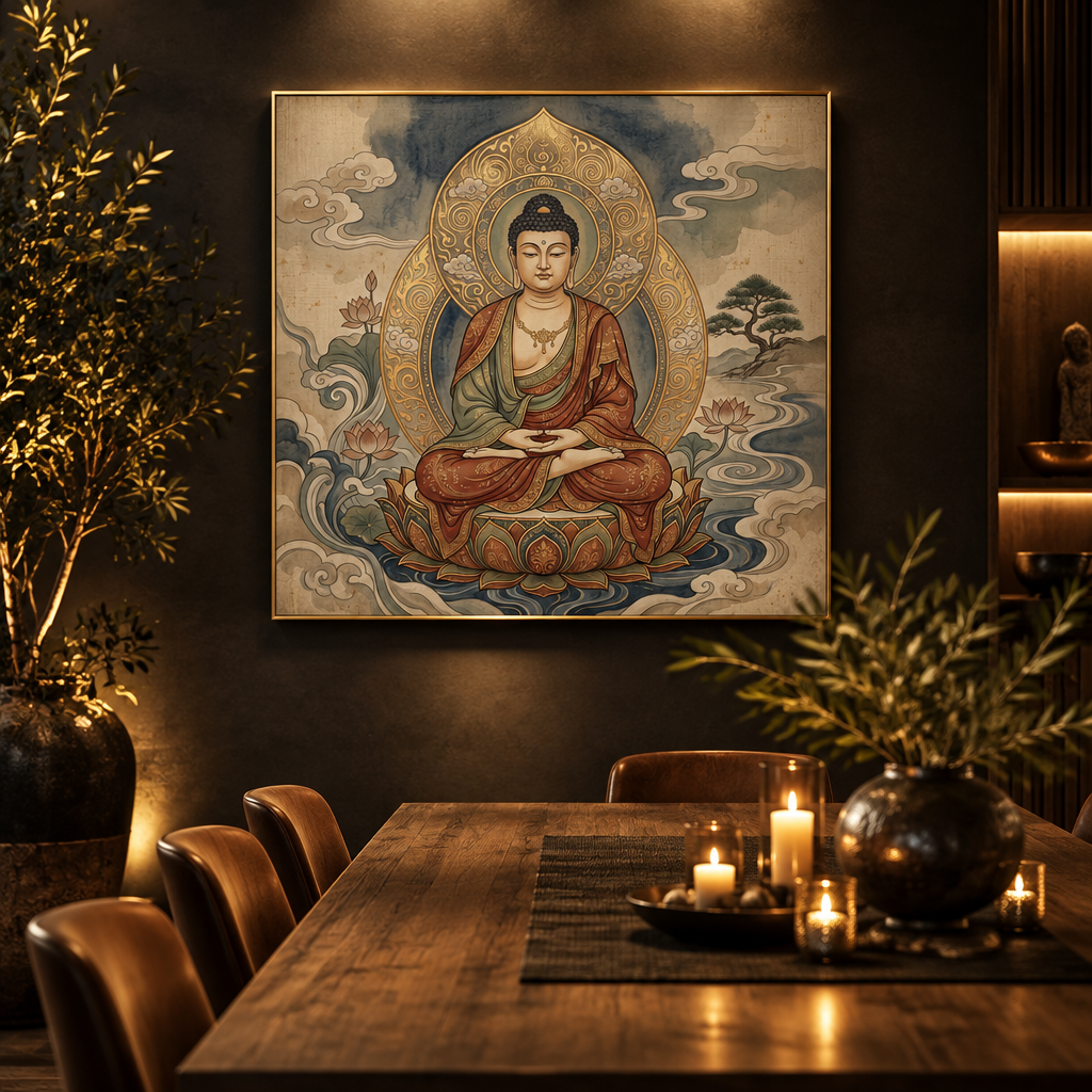 Quadro Buda Thangka Clássico com moldura dourada em sala de jantar sofisticada – Santieri Bloom