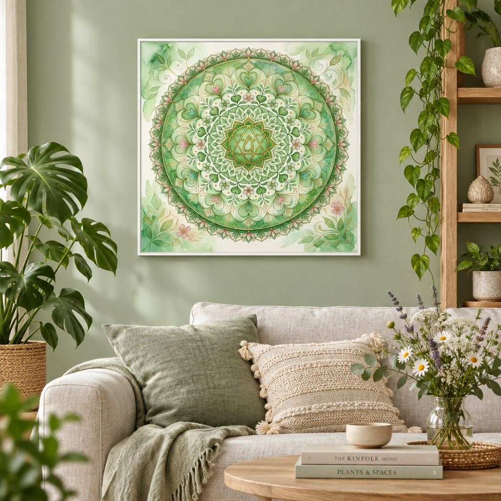  Quadro Chakra Anahata aquarela verde em sala de estar com sofá linho, plantas e parede sage green — Santieri Bloom