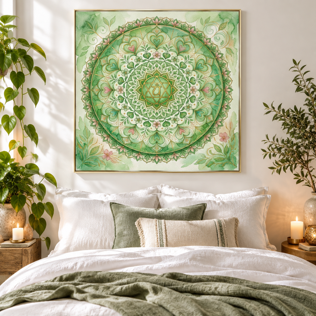  Quadro Chakra Anahata aquarela verde em quarto aconchegante com roupa de cama branca, velas e plantas — Santieri Bloom
