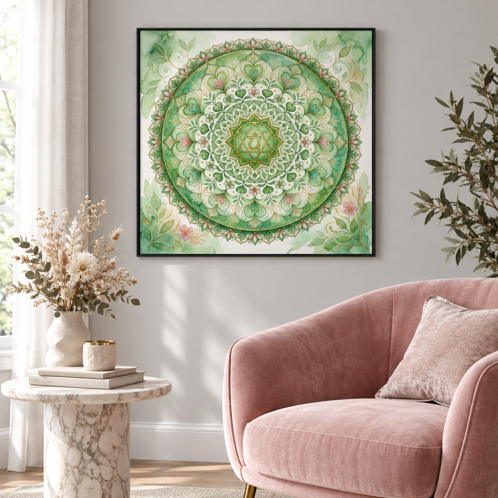  Quadro Chakra Anahata aquarela verde em sala elegante com poltrona veludo rosa e mesa de mármore — Santieri Bloom
