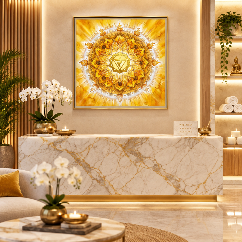 Quadro Chakra Manipura mandala amarela aquarela — arte espiritualidade decoração zen em ambiente spa com moldura flutuante — Santieri Bloom