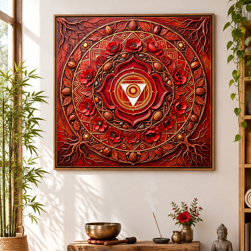 Quadro Chakra Muladhara 3D — mandala vermelha com flores e detalhes dourados em sala de meditação zen com bambu, tigela tibetana e estátua de Buda — Santieri Bloom