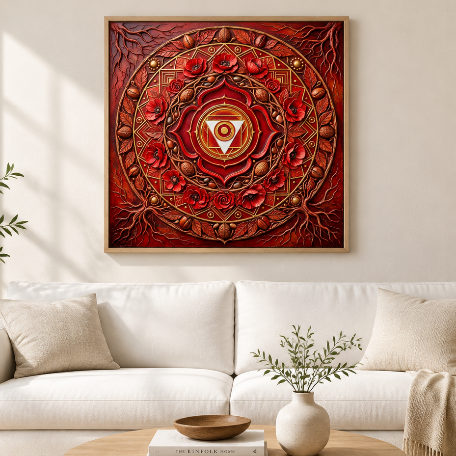 Quadro Chakra Muladhara 3D — mandala vermelha com estética tridimensional em sala moderna com sofá branco e planta — decoração espiritual premium — Santieri Bloom
