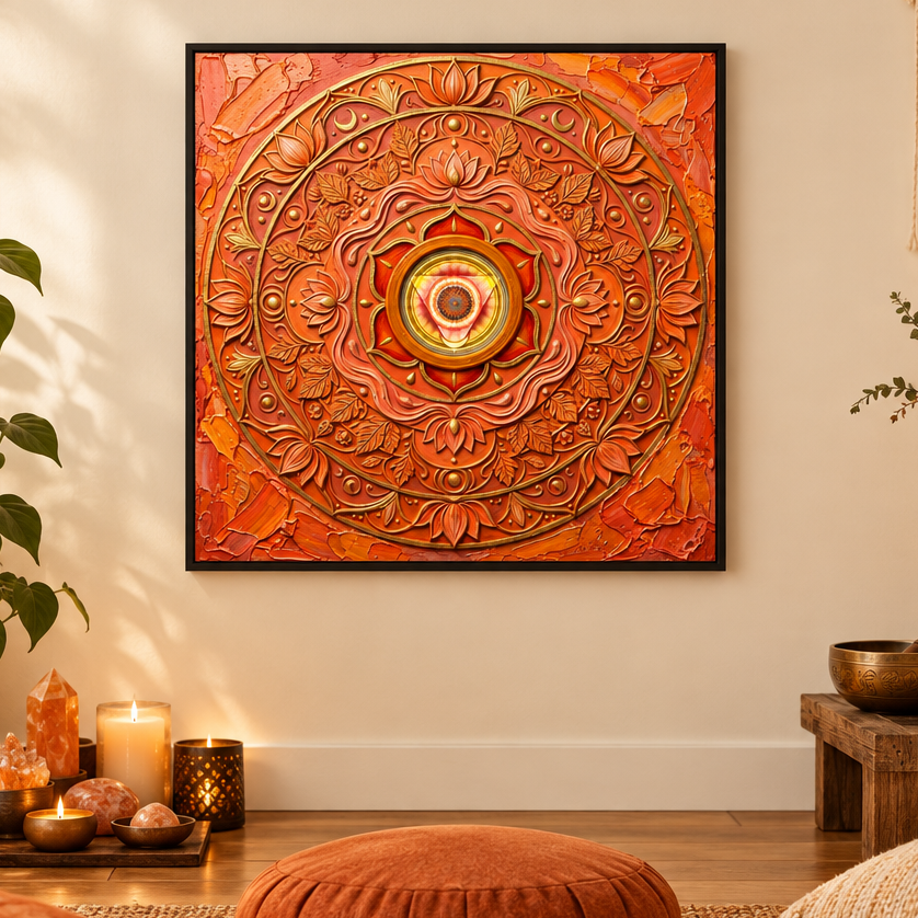 Quadro Chakra Svadhisthana 3D — impressão com mandala laranja de estética tridimensional em sala de meditação boho com velas, cristais e tigela tibetana — Santieri Bloom