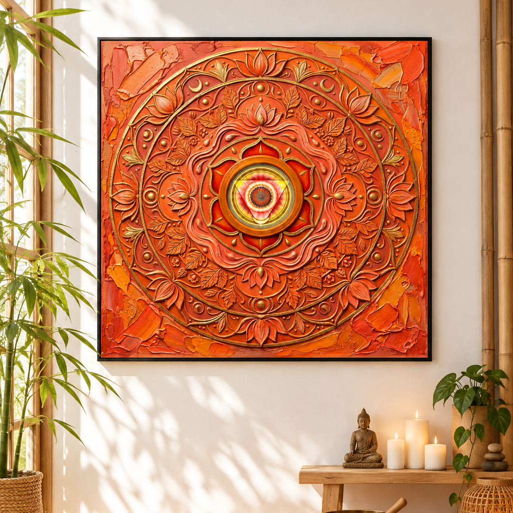 Quadro Chakra Svadhisthana 3D — impressão com mandala laranja tridimensional em estúdio de yoga com bambu, estátua de Buda e tigela tibetana — Santieri Bloom