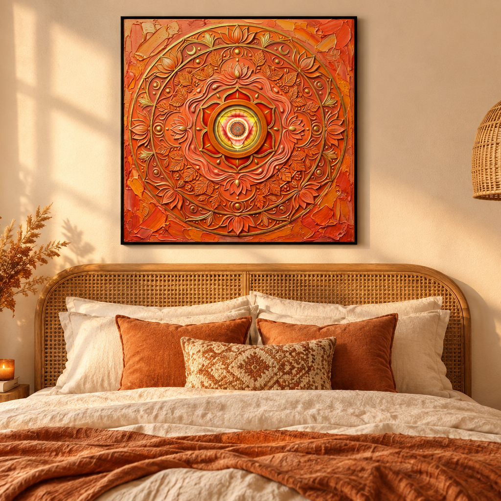 Quadro Chakra Svadhisthana 3D — impressão com mandala laranja de estética tridimensional acima de cama rattan em quarto boho com flores secas e luz quente — Santieri Bloom