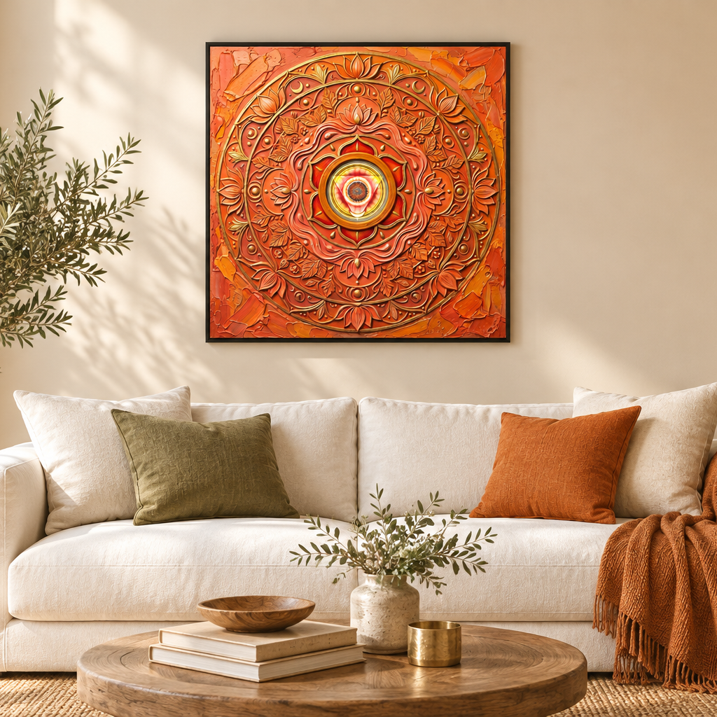 Quadro Chakra Svadhisthana 3D — impressão com mandala laranja tridimensional em sala moderna com sofá branco, oliveira e nicho de madeira — decoração espiritual premium — Santieri Bloom