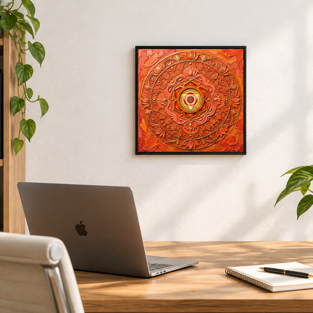 Quadro Chakra Svadhisthana 3D — impressão pequena 30x30cm com mandala laranja tridimensional em home office com mesa de madeira, laptop e plantas — arte espiritual para escritório — Santieri Bloom