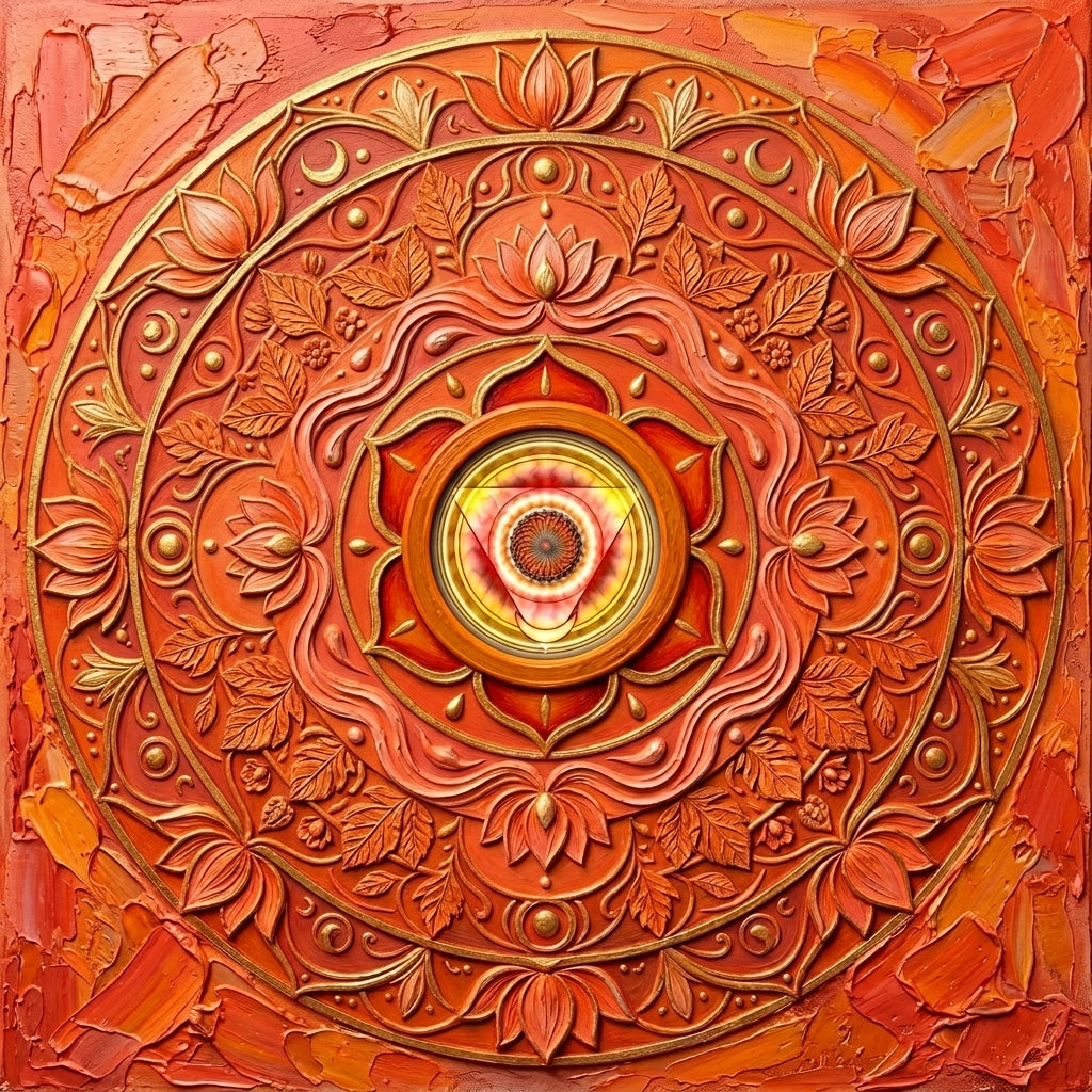 Quadro Chakra Svadhisthana 3D — close da impressão com mandala laranja vibrante estética tridimensional, flores de lótus, luas crescentes e detalhes dourados — Santieri Bloom