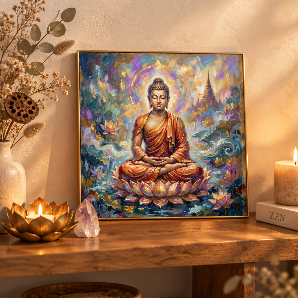 Quadro decorativo Buda Lótus Dourado com moldura dourada em aparador zen com velas e cristais – quadro espiritual de Buda para decoração – Santieri Bloom