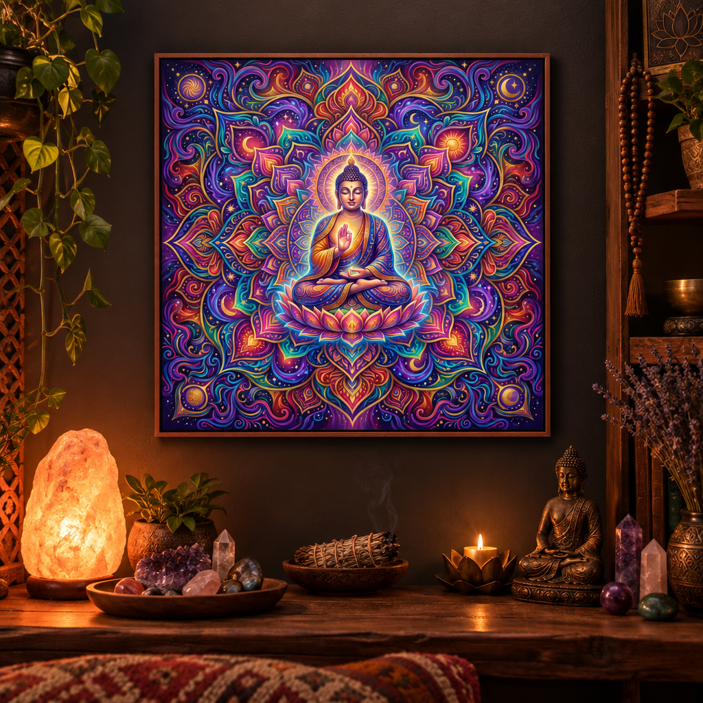 Quadro decorativo Buda Mandala Cósmico com moldura cerejeira em cantinho místico espiritual – Santieri Bloom