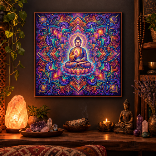 Quadro decorativo Buda Mandala Cósmico com moldura cerejeira em cantinho místico espiritual – Santieri Bloom