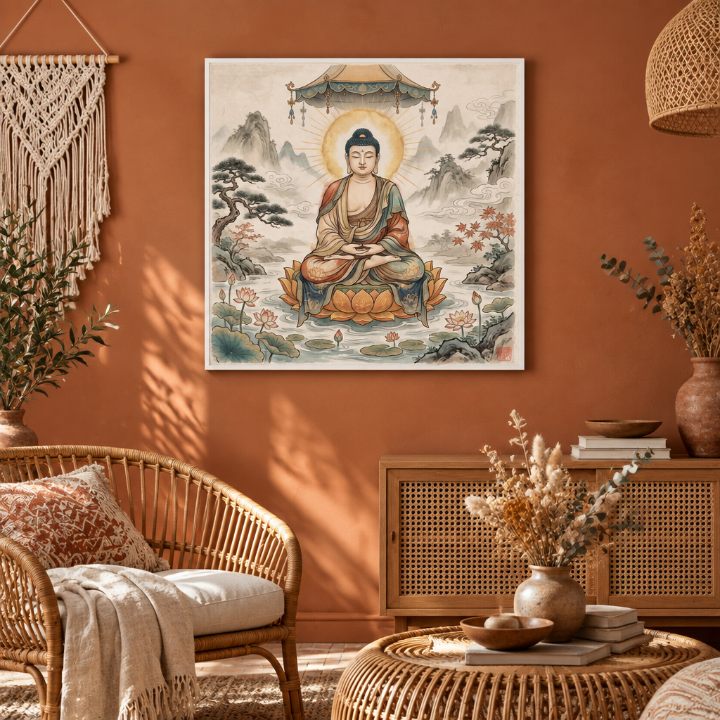 Quadro decorativo Buda Sumi-ê estilo oriental em sala boho com parede terracota – Santieri Bloom