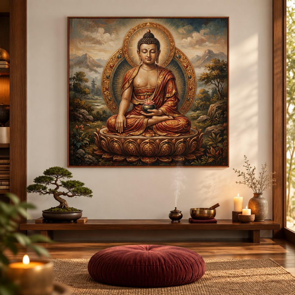 Quadro decorativo Buda da Abundância com moldura cerejeira em sala de meditação zen – quadro espiritual de Buda para decoração – Santieri Bloom