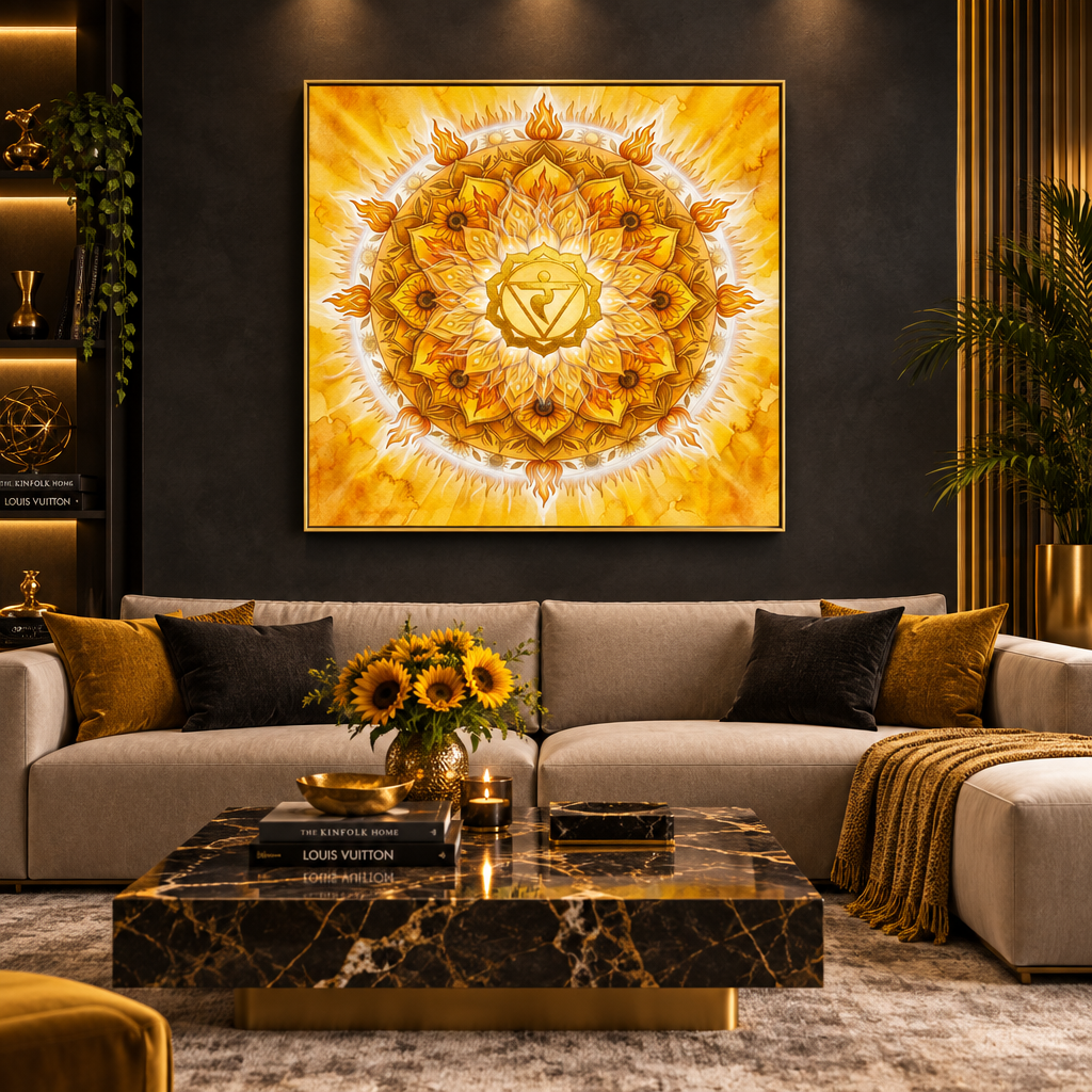 Quadro decorativo Chakra Manipura aquarela dourada — mandala plexo solar em sala de estar luxo com moldura flutuante dourada — Santieri Bloom