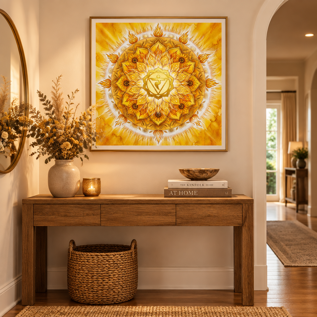 Quadro impresso Chakra Manipura aquarela girassóis e chamas — decoração espiritualidade hall entrada com moldura flutuante dourada — Santieri Bloom