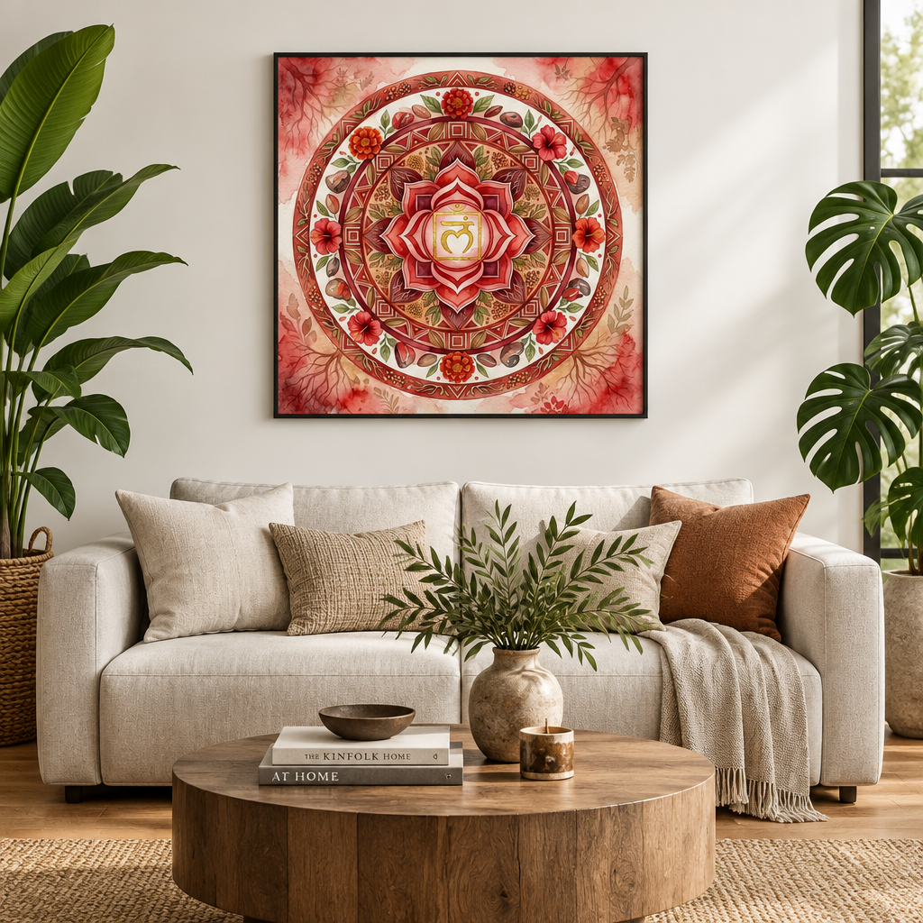 Quadro Chakra Muladhara aquarela hibisco e pedras — decoração espiritualidade sala de estar com moldura flutuante preta — Santieri Bloom