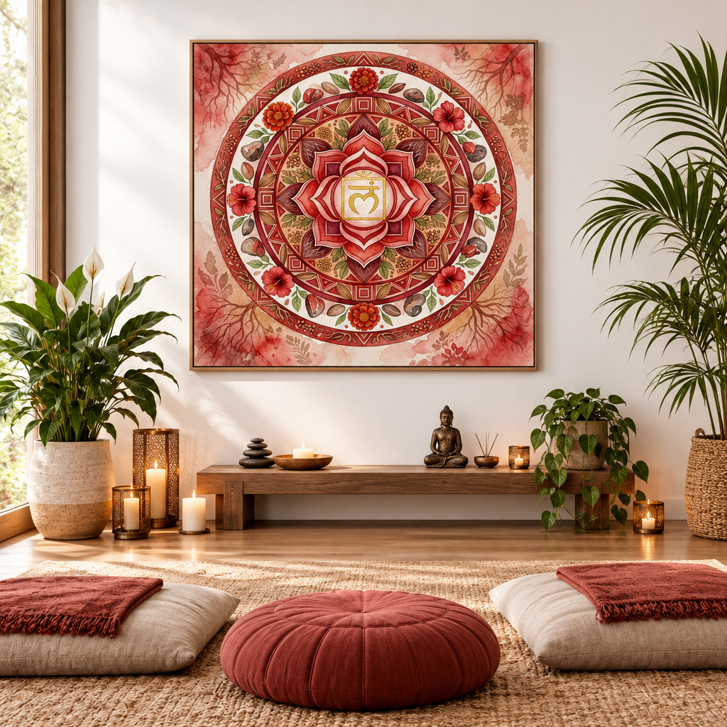 Quadro impresso Chakra Muladhara mandala vermelha aquarela — arte espiritualidade chakra raiz em espaço meditação zen — Santieri Bloom