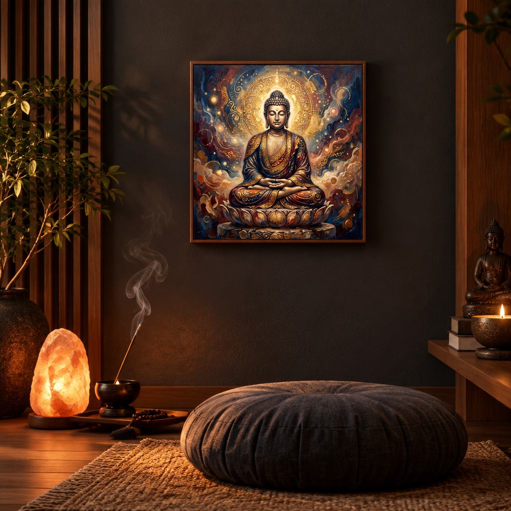 Quadro Buda Místico em espaço de meditação com lamparina de sal e incenso – impressão espiritual de Buda para sala de meditação – Santieri Bloom