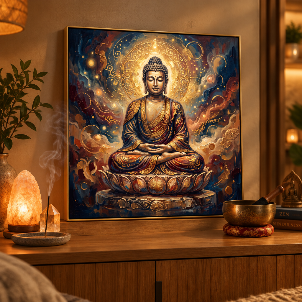 Quadro Buda Místico apoiado em aparador zen com lamparina de sal, cristal e tigela tibetana – impressão espiritual para decoração zen – Santieri Bloom